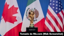 Las banderas de los tres países que acogerán la Copa Mundial de 2026, custodian el trofeo de la FIFA.