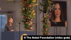Ana Corina Sosa Machado pronuncia el discurso de aceptación del Premio Nobel de la Paz 2025 en representación de su madre, María Corina Machado. 